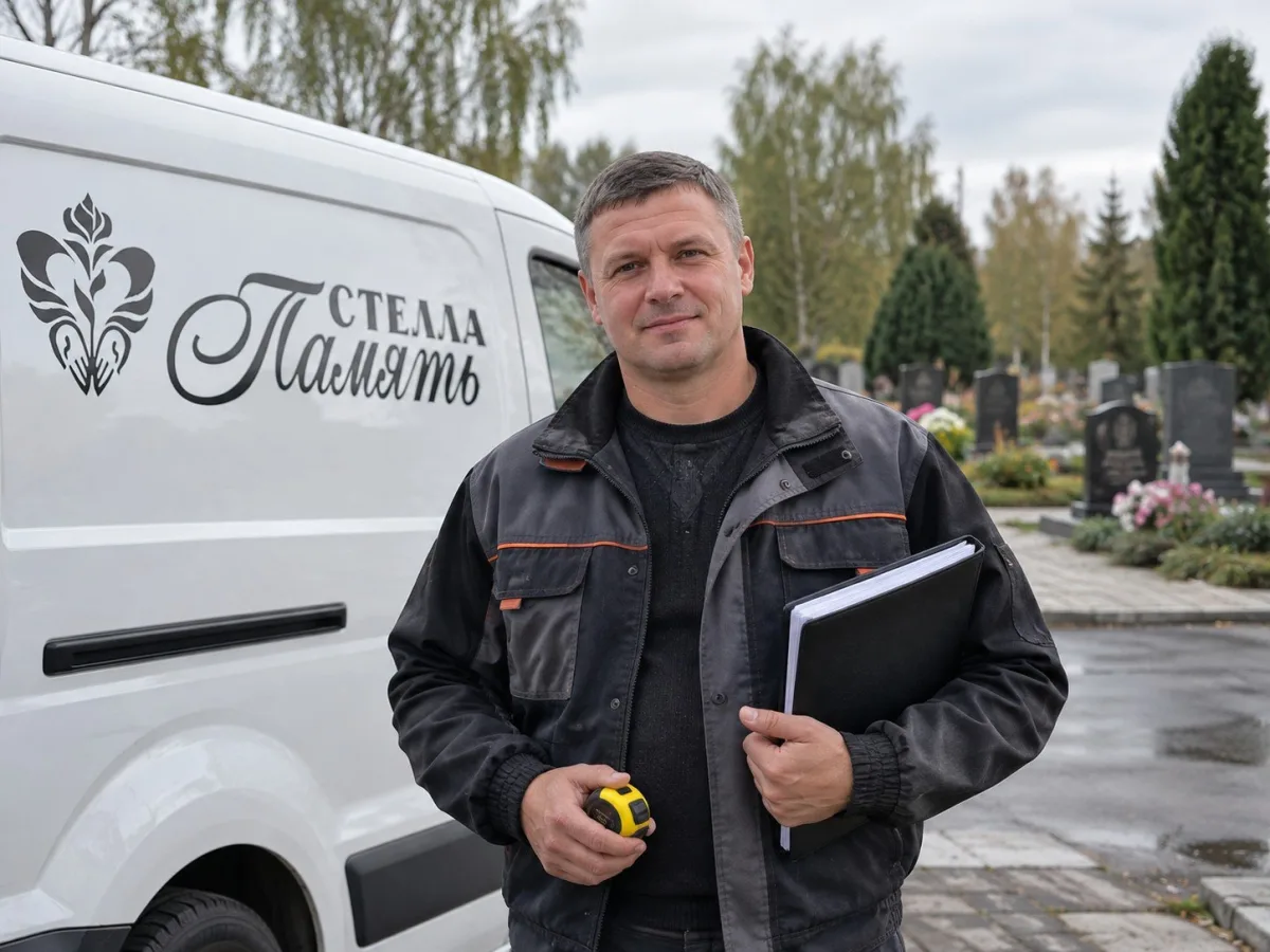 Выездной менеджер «Стелла-Память» с рулеткой и папкой у служебной машины на кладбище